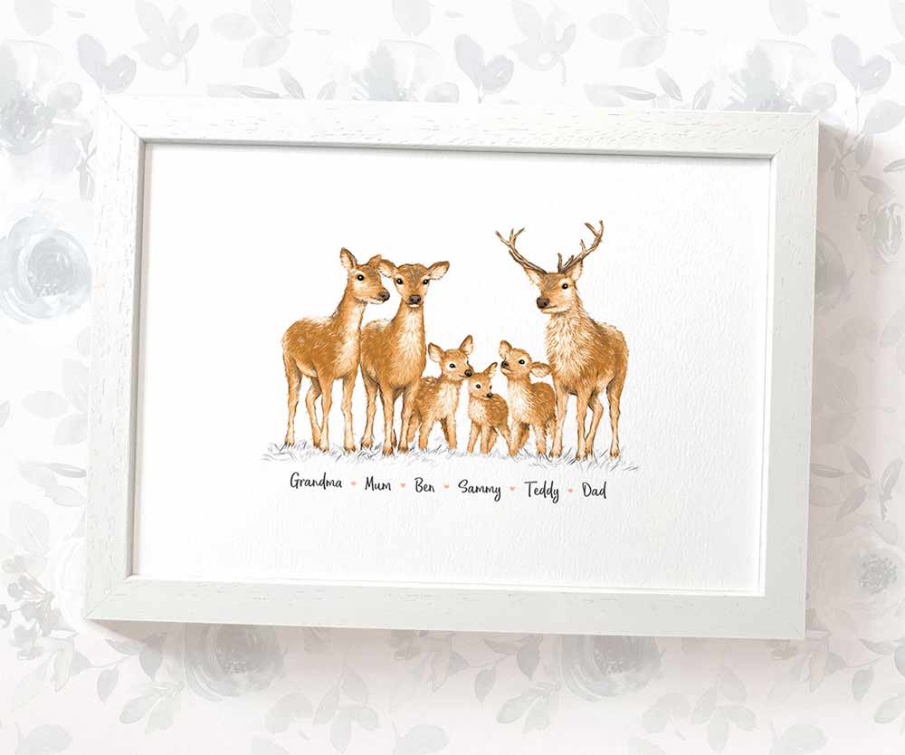 White framed A4 family portrait of 6 deer with personalised names for the perfect birthday gift for mum