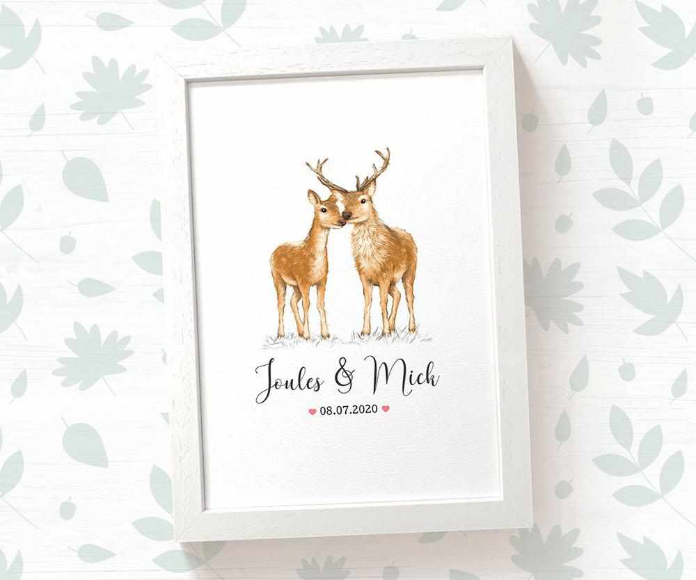 Deer Couple A4 Framed Print Personalized With Names And Date For An Exceptional First Anniversary Gift Idea