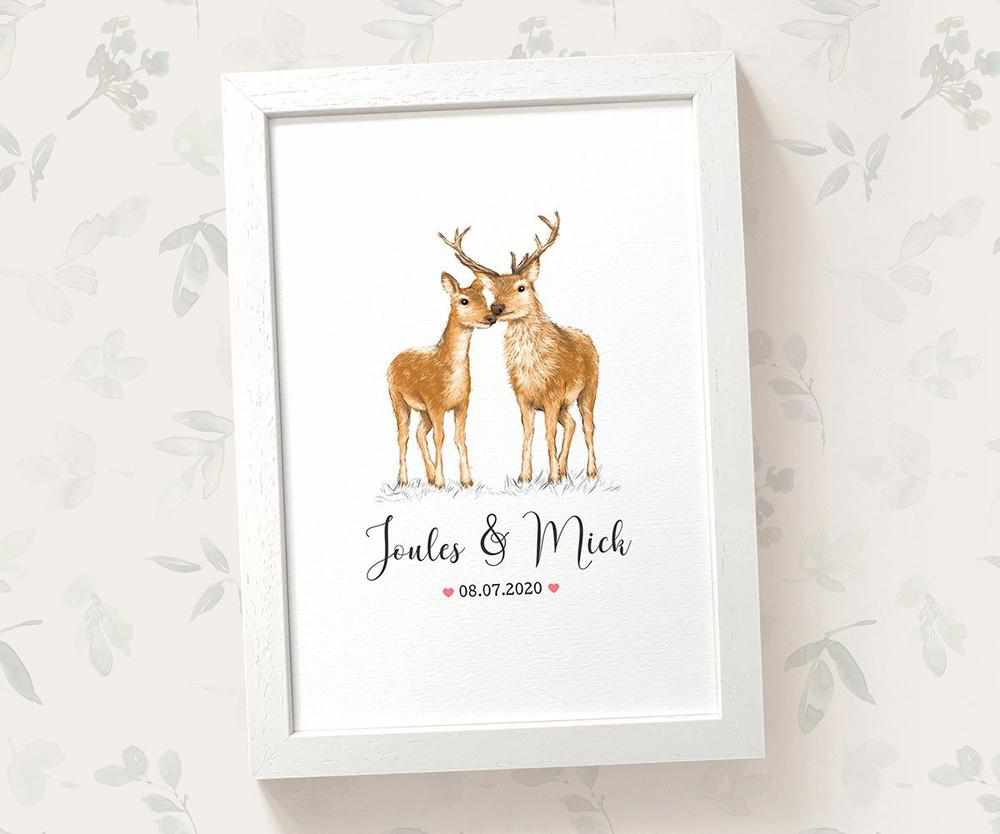 Personalized Deer Couple A4 Framed Print Featuring Names and Date For A Special First Anniversary Gift