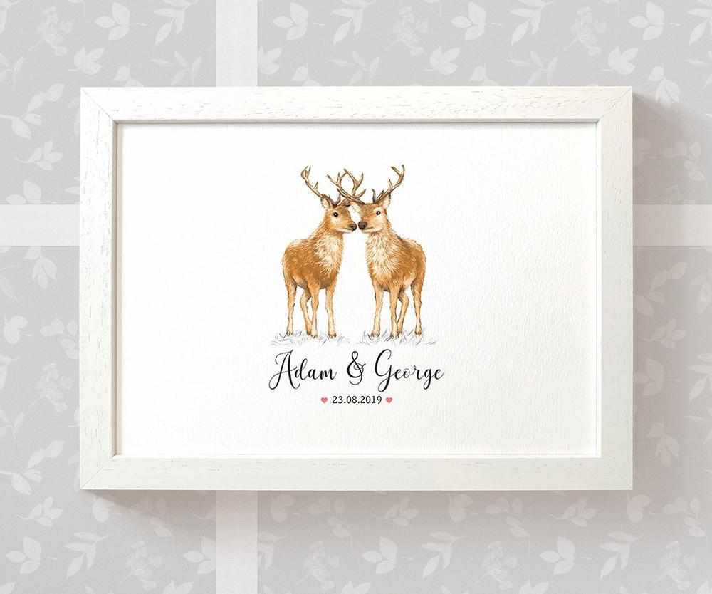 Personalized Deer Couple A4 Framed Print Featuring Newlywed Names And Date For A Unique Wedding Gift