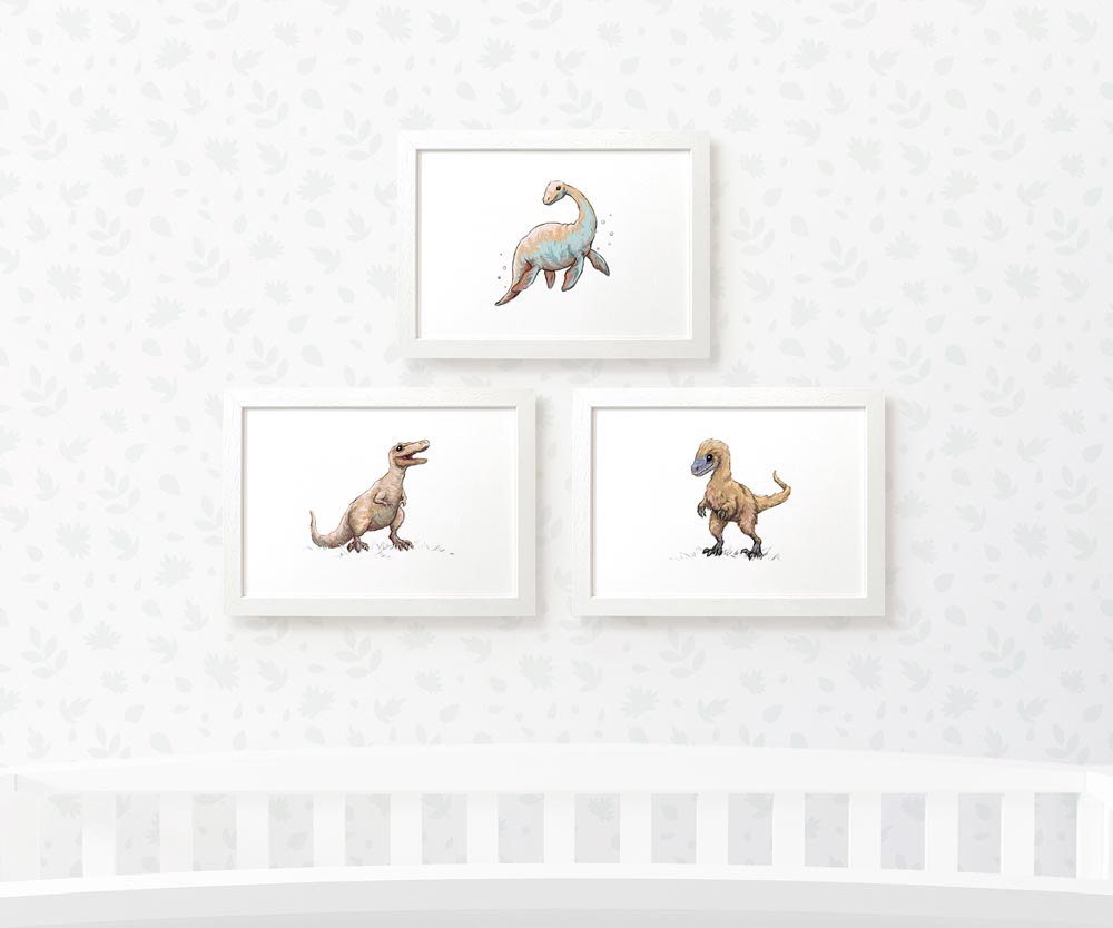 Dinosaur Nursery Prints New Baby Shower Pregnancy Gift Boy Girl Childrens Wall Art Set Newborn Playroom