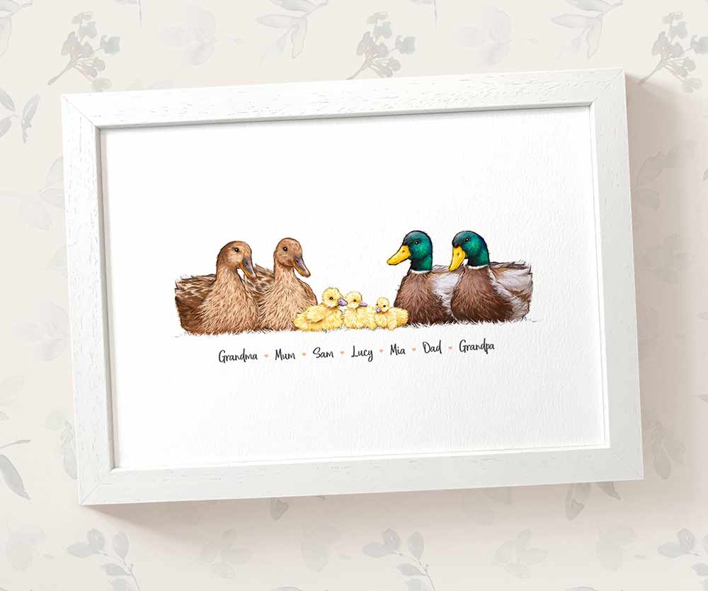 A4 framed duck family print featuring parents and babies with names for the best mothers day gift