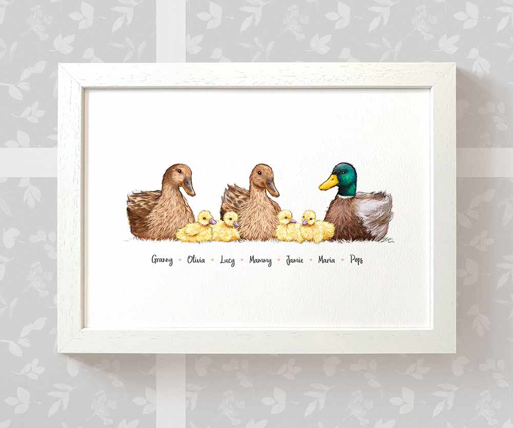 Duck A3 framed family print featuring grandma grandad and grandchildren personalised with names for the best grandparents gift