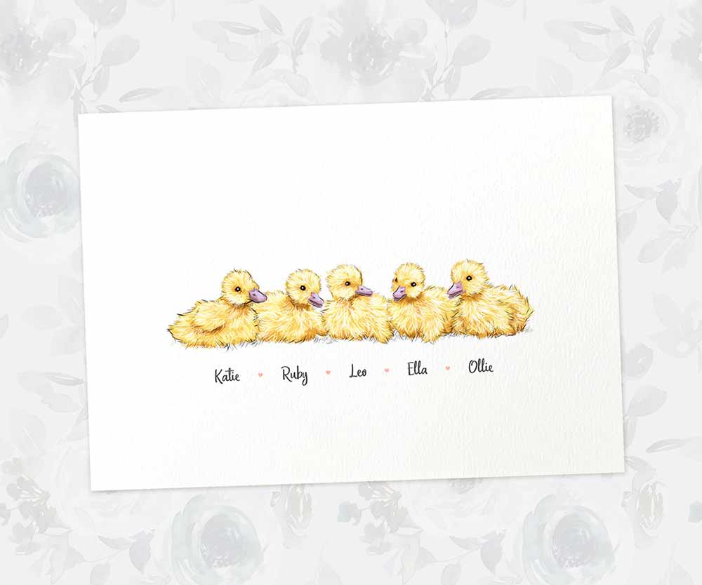 Three baby ducks A3 family print with names for a unique baby shower gift