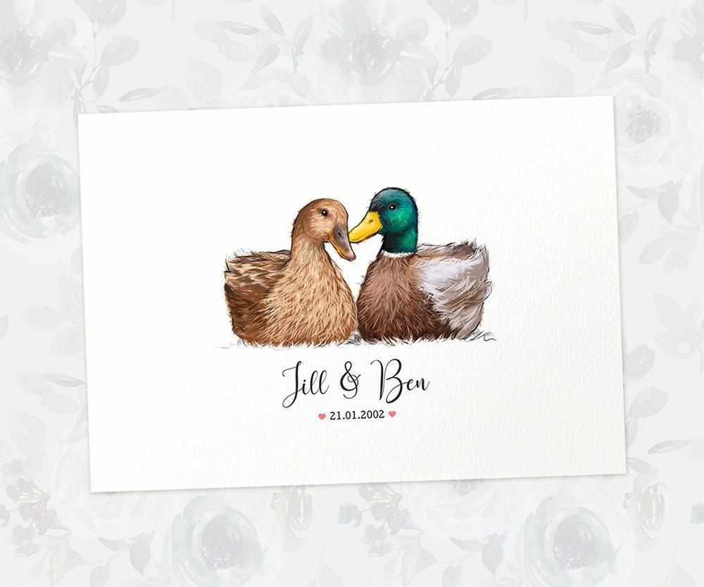 Two Ducks A3 Unframed Art Print Personalized With Names And Date For A Heartwarming Valentines Day Gift
