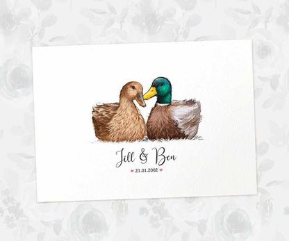 Two Ducks A3 Unframed Art Print Personalized With Names And Date For A Heartwarming Valentines Day Gift