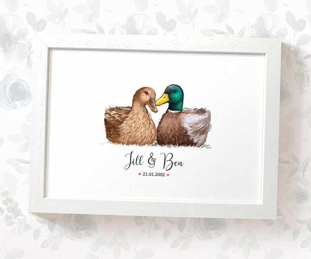 Personalized Duck Couple A3 Framed Print Featuring Names And Date For A Memorable 50th Anniversary Gift For Parents