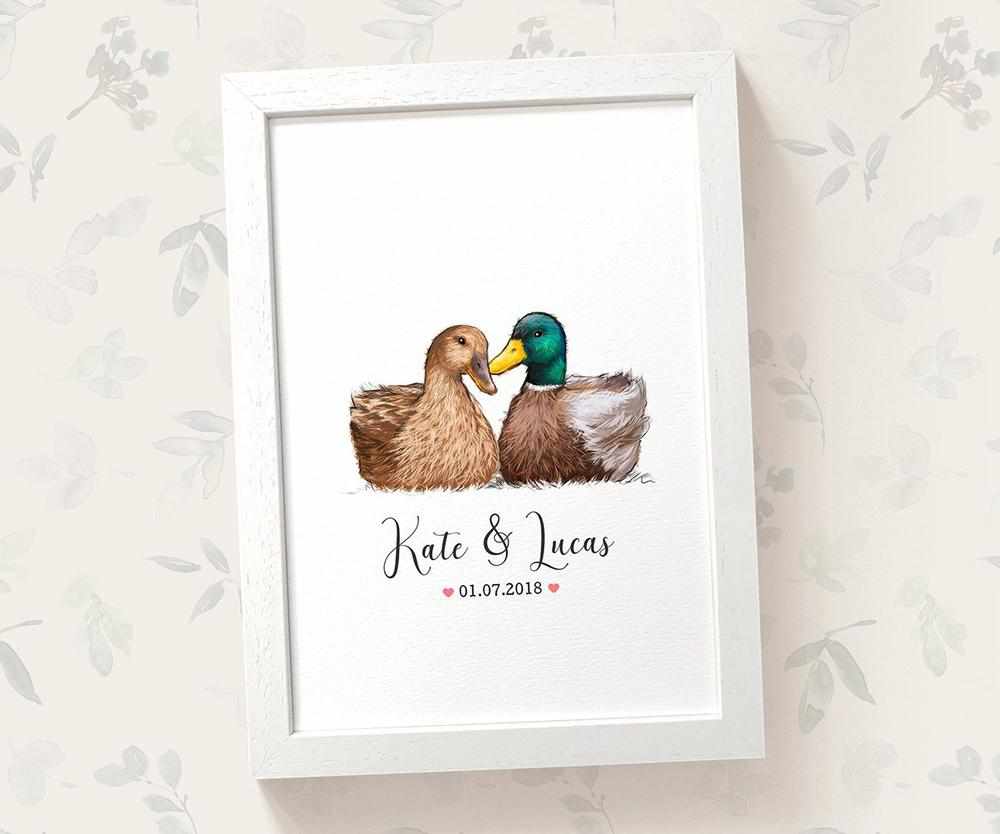 Personalized Duck Couple A4 Framed Print Featuring Newlywed Names And Date For A Unique Wedding Gift