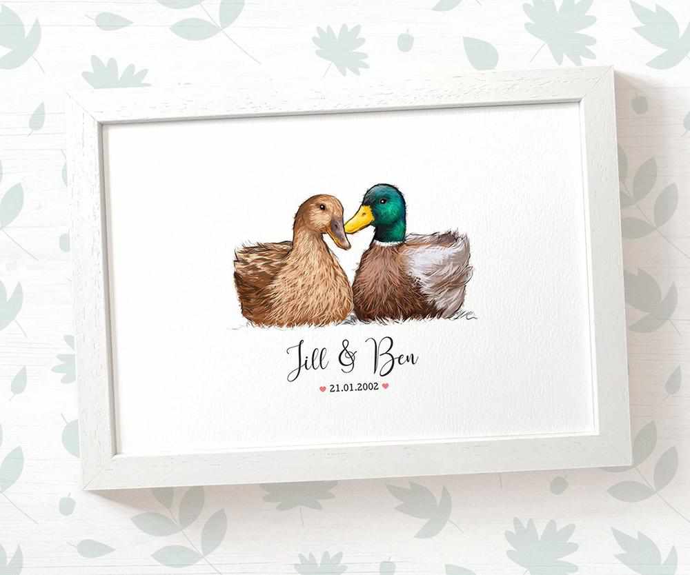 Duck Couple A4 Framed Print Personalized With Names And Date For An Exceptional First Anniversary Gift Idea