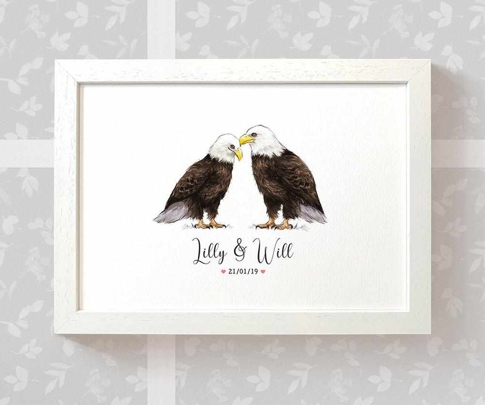 Personalized Eagle Couple A4 Framed Print Featuring Names and Date For A Special First Anniversary Gift