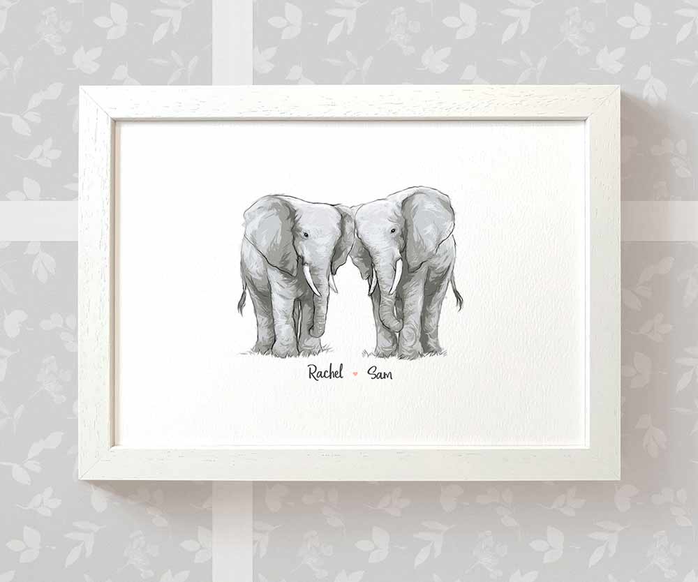 Framed A3 couple print featuring two elephants with personalised names beneath for the best husband or wife gift