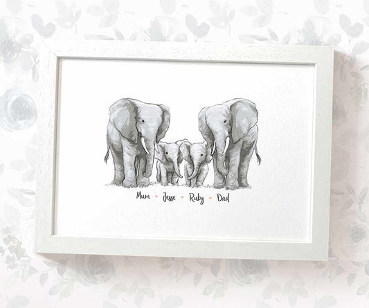 Our Family Portrait Name Gift Prints Elephant Wall Art Custom Birthday Anniversary Baby Nursery Mothers Framed