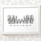 Elephant family of 7 portrait personalised with names displayed in an A4 white wood frame for a thoughful gift for mum