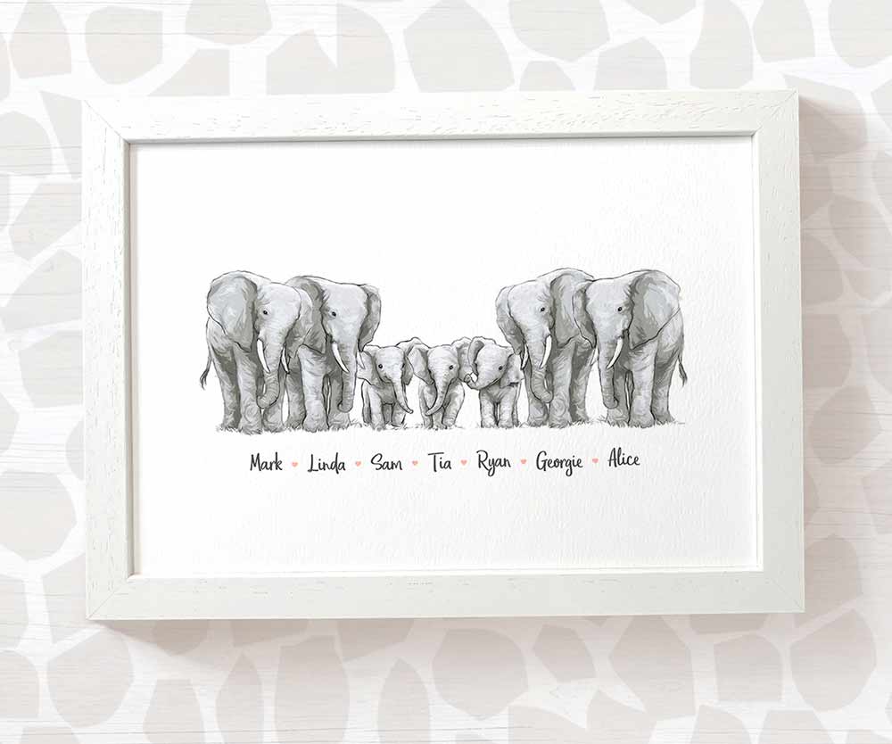 Elephant family of 7 portrait personalised with names displayed in an A4 white wood frame for a thoughful gift for mum
