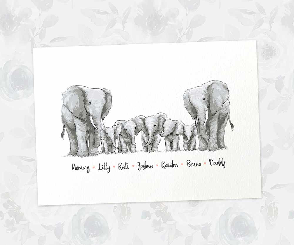 Printed A4 family of 7 elephants personalised with names for a special mothers day present
