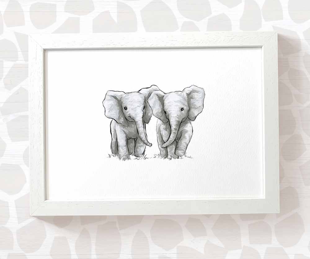 Twin Baby Gift Safari Nursery Decor Childrens Animal Wall Art Elephant Print Playroom Newborn First Birthday
