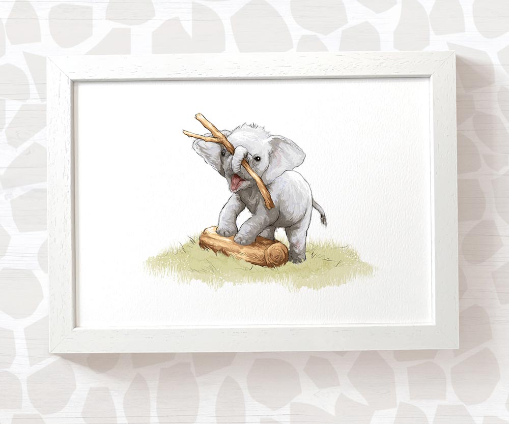 Newborn Baby Shower Gift Safari Nursery Decor Kids Animal Wall Art Elephant Print First Birthday Framed
