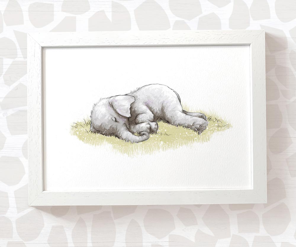 Newborn Baby Shower Gift Safari Nursery Decor Kids Animal Wall Art Elephant Print First Birthday Framed