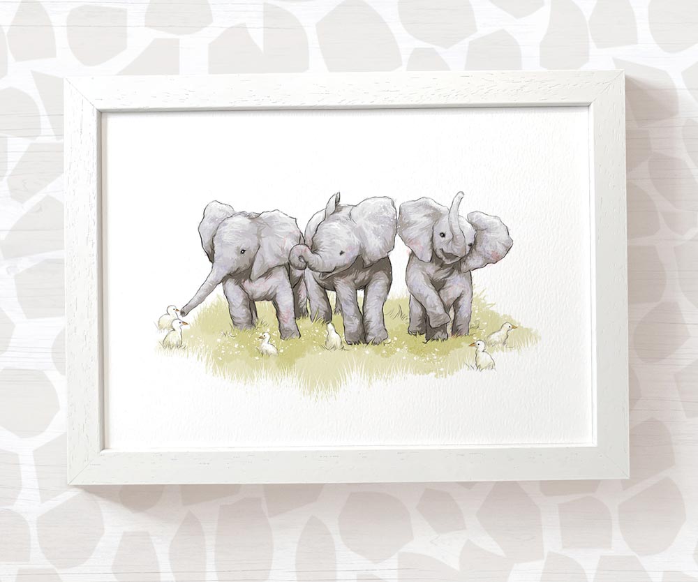 Triplet Baby Gift Safari Nursery Decor Childrens Animal Wall Art Elephant Print Playroom Newborn First Birthday