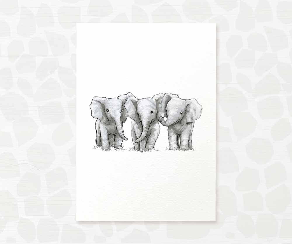 Triplet Baby Shower Gift Safari Jungle Nursery Decor Animal Wall Art Elephant Print Newborn Gender Neutral