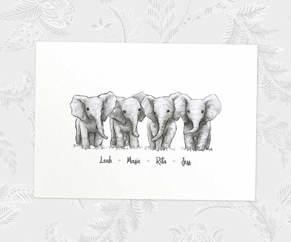 Four baby elephants A3 family print with names beneath for a unique baby shower gift