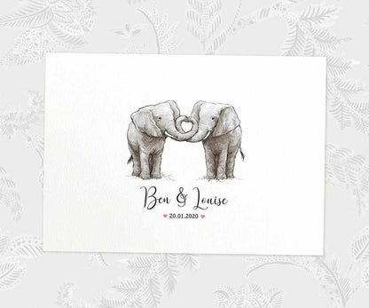 Two Elephants A3 Unframed Art Print Personalized With Names And Date For A Heartwarming Valentines Day Gift