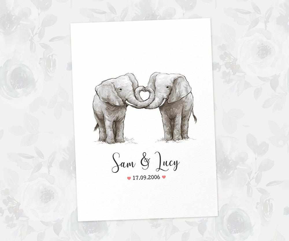 Two Elephants A4 Unframed Print Customized With Names And Date For 14 Years Ivory Anniversary Gift