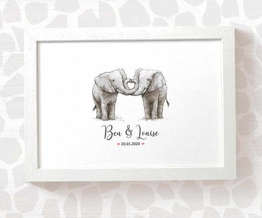 Elephant Couple A4 Framed Print Personalized With Names And Date For An Exceptional First Anniversary Gift Idea