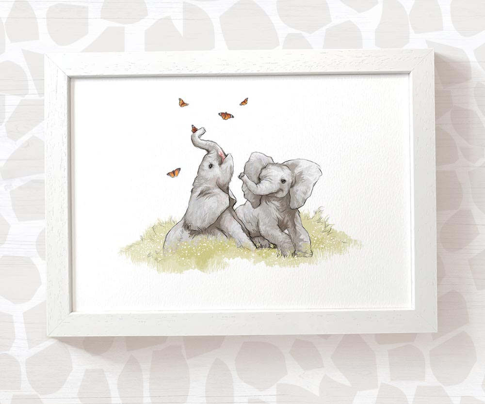 Twin Baby Gift Safari Nursery Decor Childrens Animal Wall Art Elephant Print Playroom Newborn First Birthday