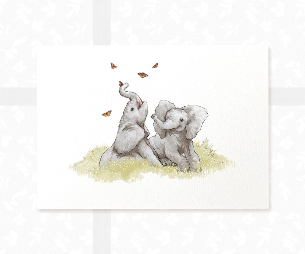 Elephants and Butterflies Nursery Print Gifts For Twins Pawprint Illustration