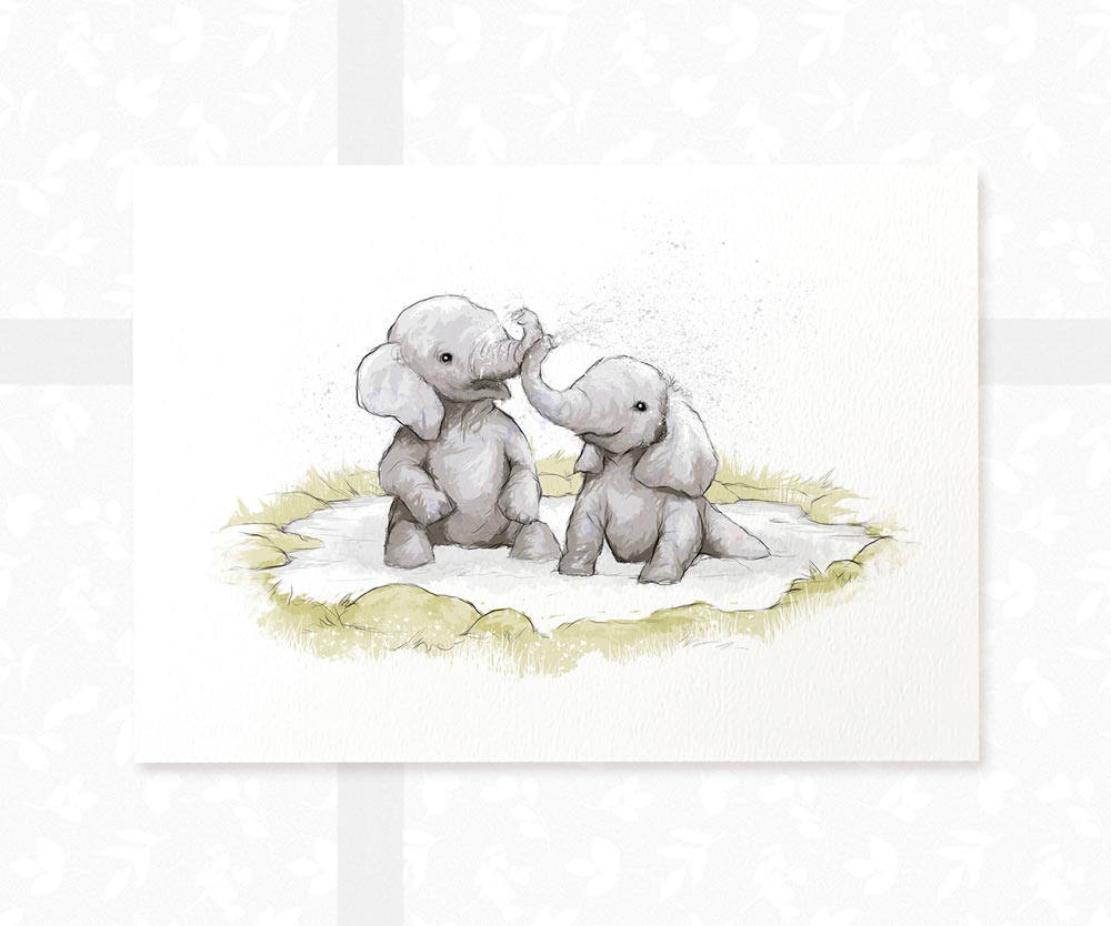 Elephant Nursery Prints Twin New Baby Shower Gift Boy Girl Animal Wall Art Set Childrens Room