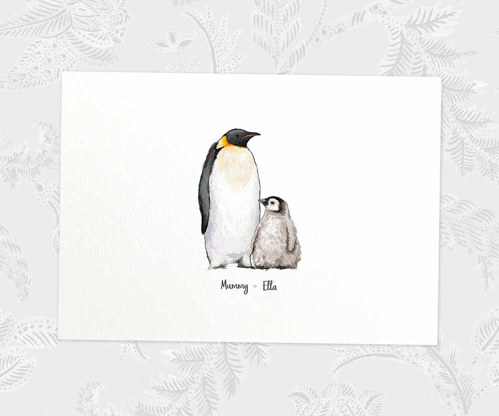Printed A4 penguin family print featuring mum and baby with names for the best mothers day gift