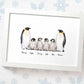 White framed A4 family portrait of 6 penguins with personalised names for the perfect birthday gift for mum