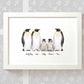 Penguin A4 framed family of 5 print with names beneath for a unique mothers day gift