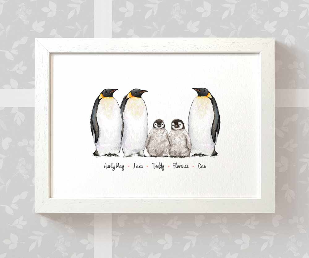 Penguin A4 framed family of 5 print with names beneath for a unique mothers day gift