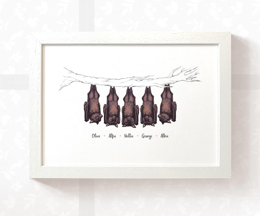 Fivve baby bats framed A3 family print with names for a unique baby shower gift