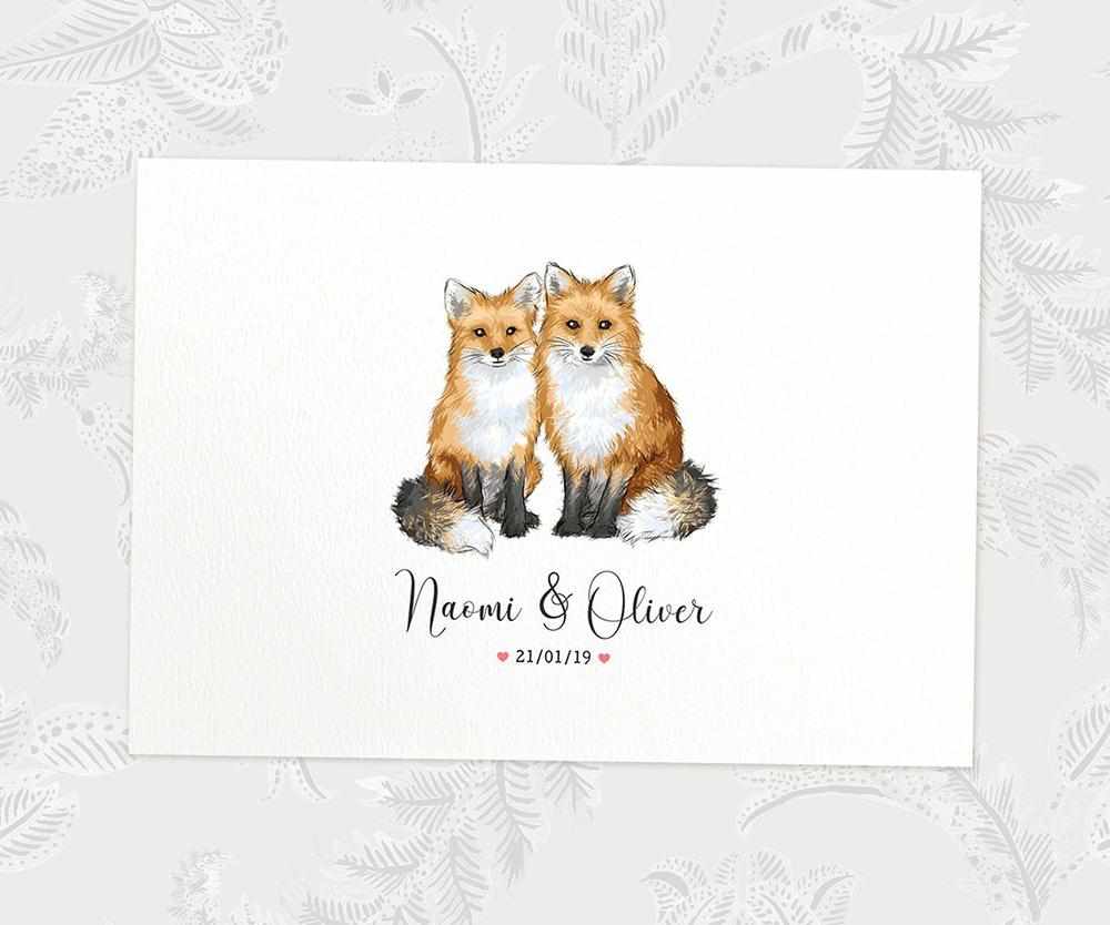 Two Foxs A4 Unframed Print Customized With Names And Date For A Thoughtful Valentines Day Gift