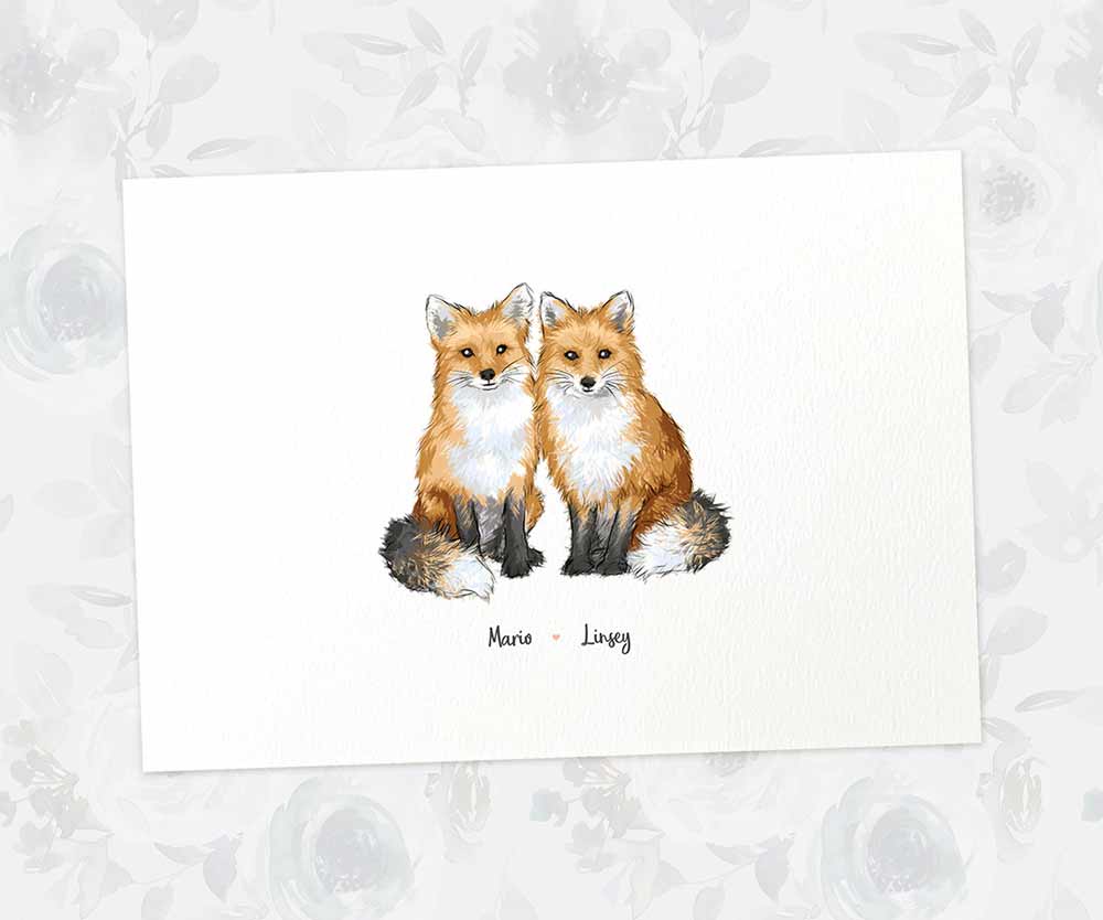 Fox couple print with personalised names beneath for the best husband or wife gift