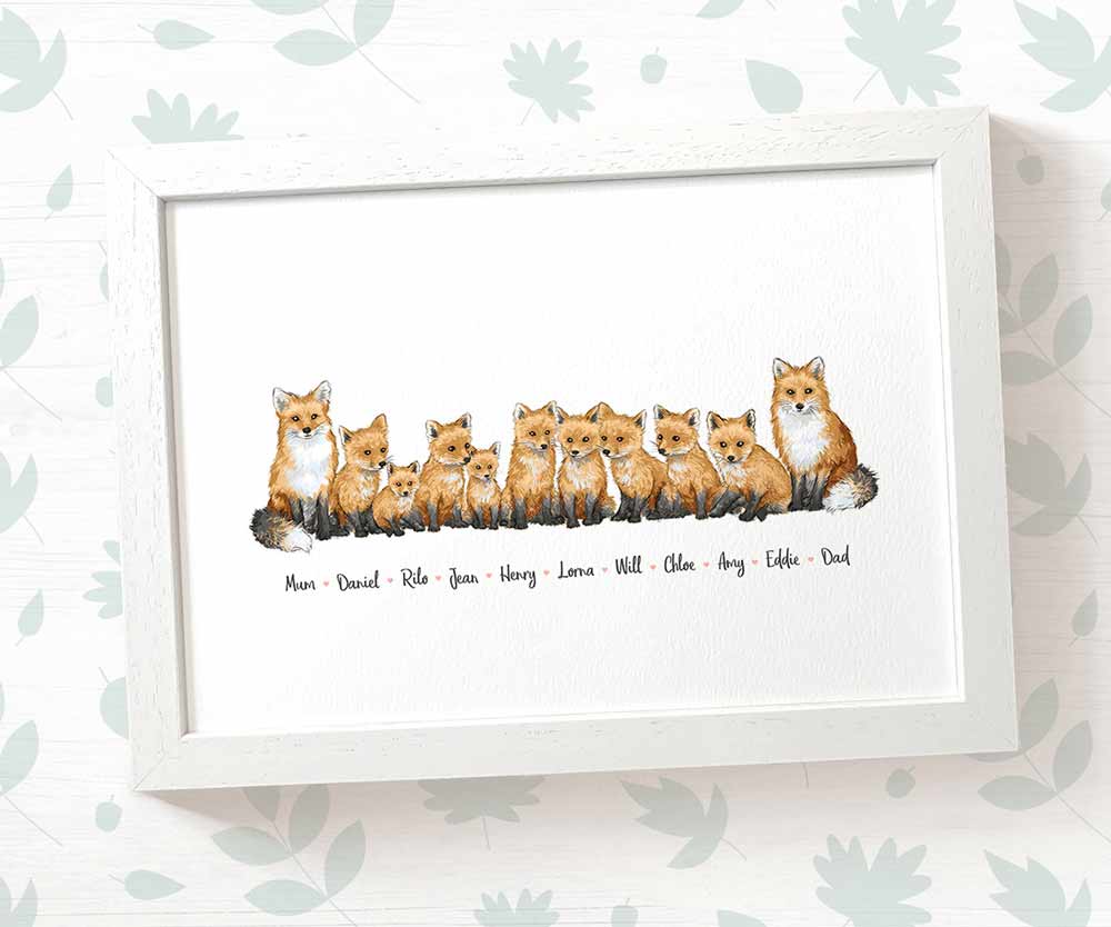 White framed A4 family portrait of 11 foxes with personalised names for the perfect birthday gift for mum