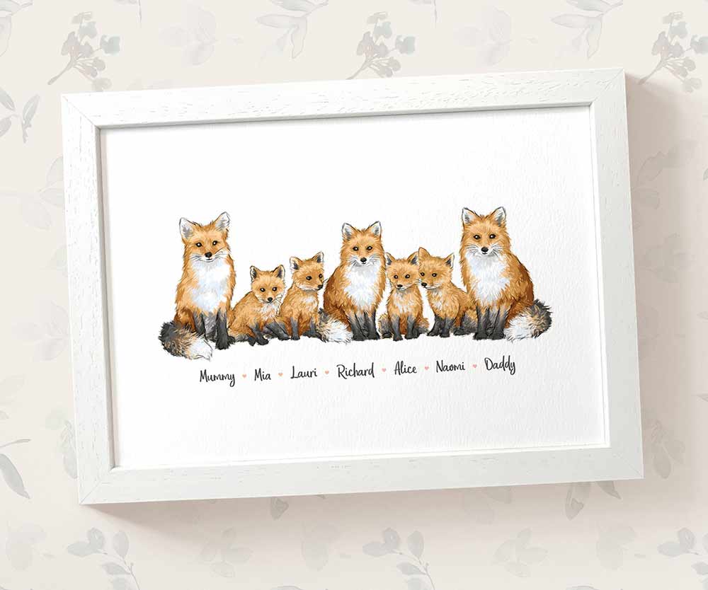 Printed and framed A4 family of 7 foxes personalised with names for a special mothers day present
