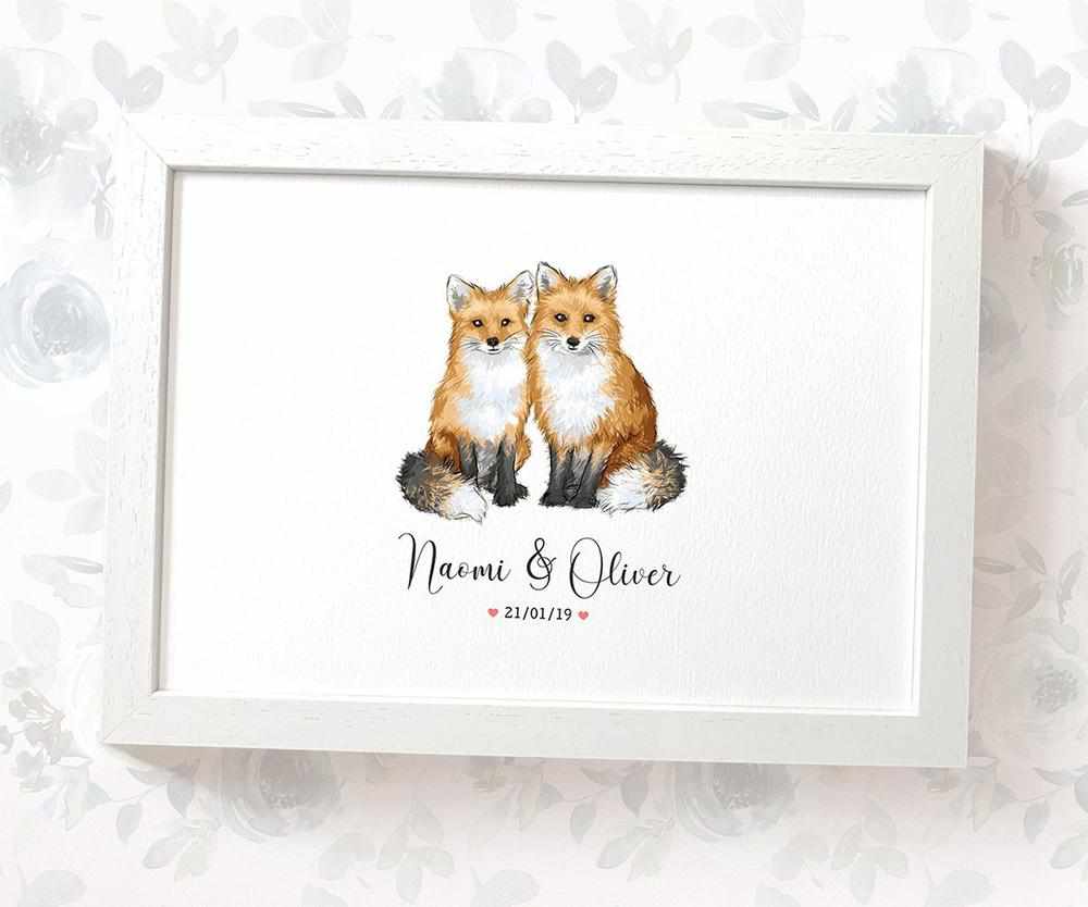 Personalized Fox Couple A4 Framed Print Featuring Names and Date For A Special First Anniversary Gift