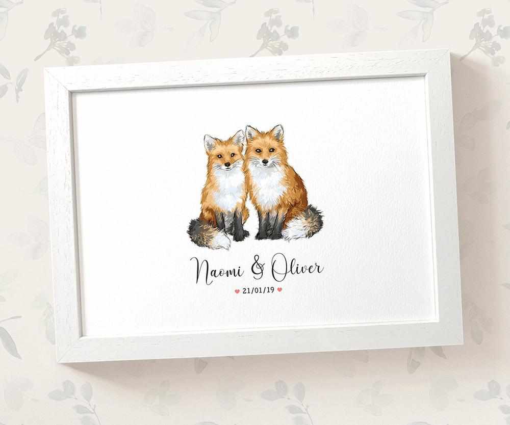 Personalized Fox Couple A4 Framed Print Featuring Newlywed Names And Date For A Unique Wedding Gift