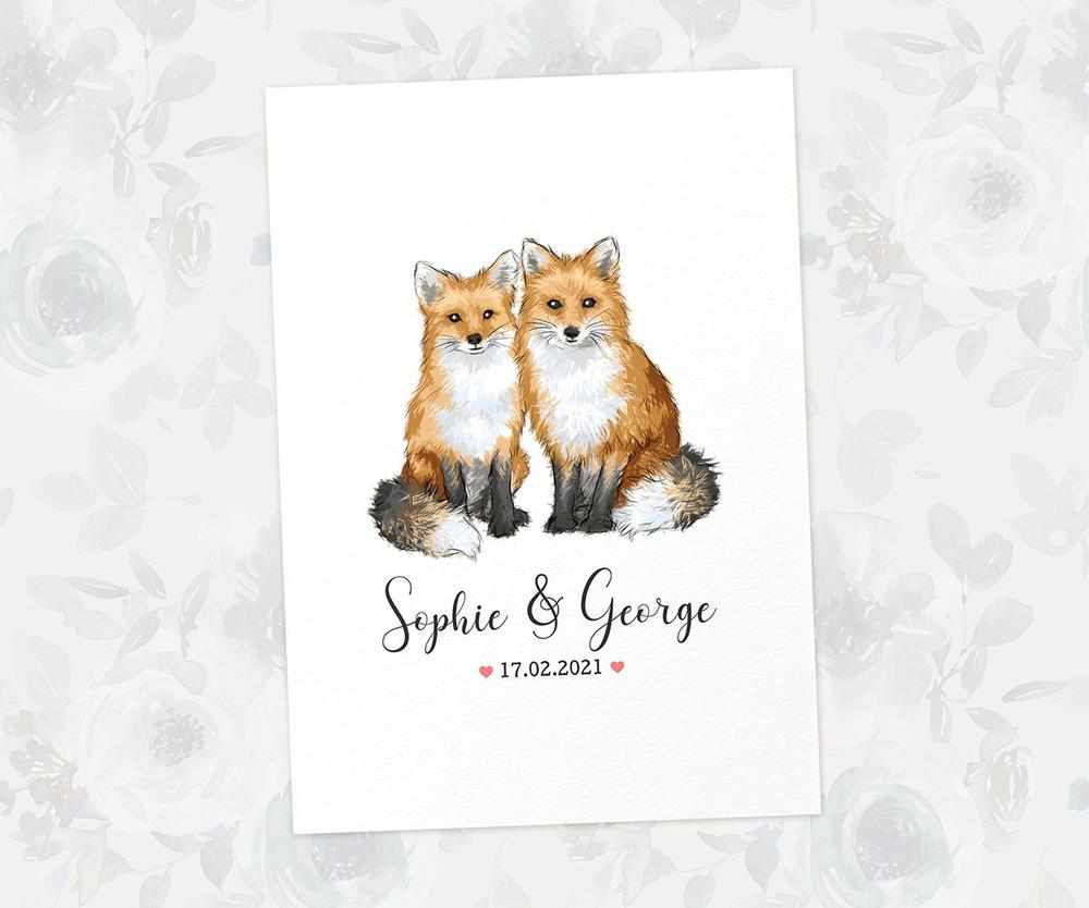 Two Foxs A3 Unframed Art Print Personalized With Names And Date For A Heartwarming Valentines Day Gift
