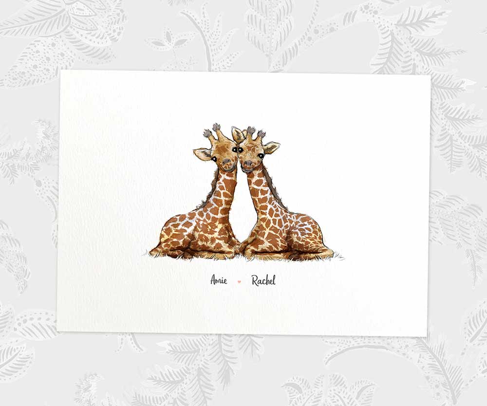 Giraffe couple print with personalised names beneath for the best husband or wife gift