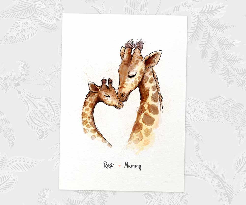 Printed A4 illustration of a giraffe family of 2 personalised with names for a special mothers day present