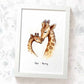 Giraffe family mother and baby portrait personalised with names displayed in an A4 white wood frame for a thoughful gift for mum