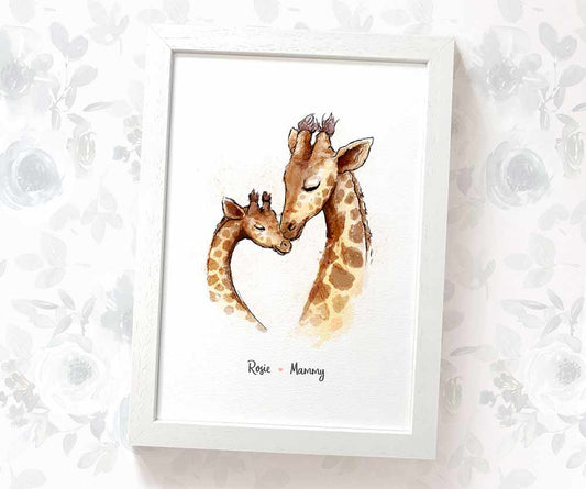 Giraffe family mother and baby portrait personalised with names displayed in an A4 white wood frame for a thoughful gift for mum