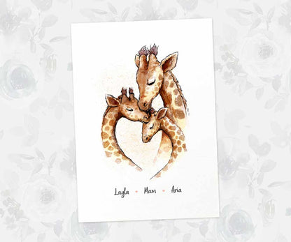 Printed A4 illustration of a giraffe family of 3 personalised with names for a special mothers day present