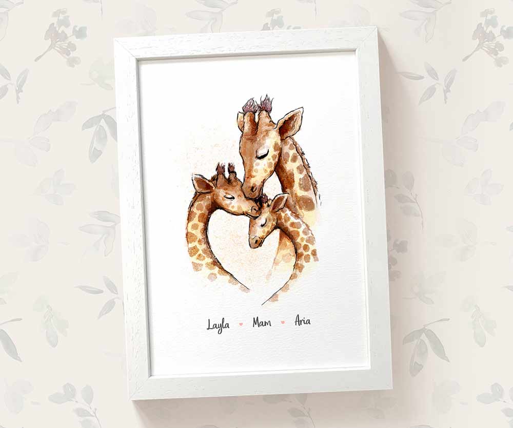 Giraffe family of 3 portrait personalised with names displayed in an A4 white wood frame for a thoughful gift for mum