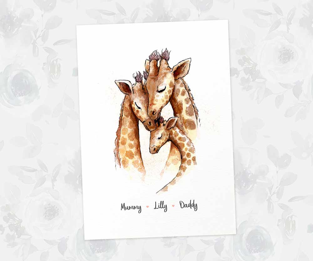 Printed A4 giraffe family print personalised with 3 names for a special mothers day present